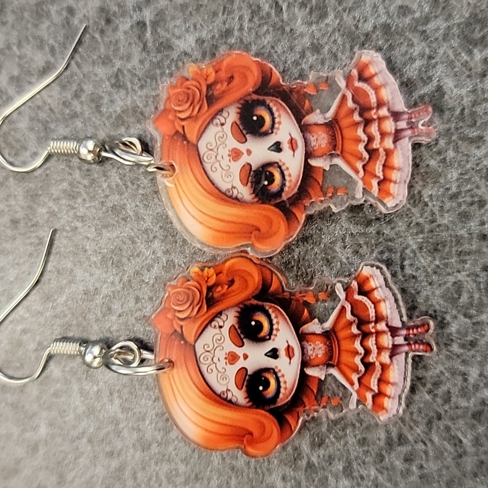 Orange Sugar Skull Earrings